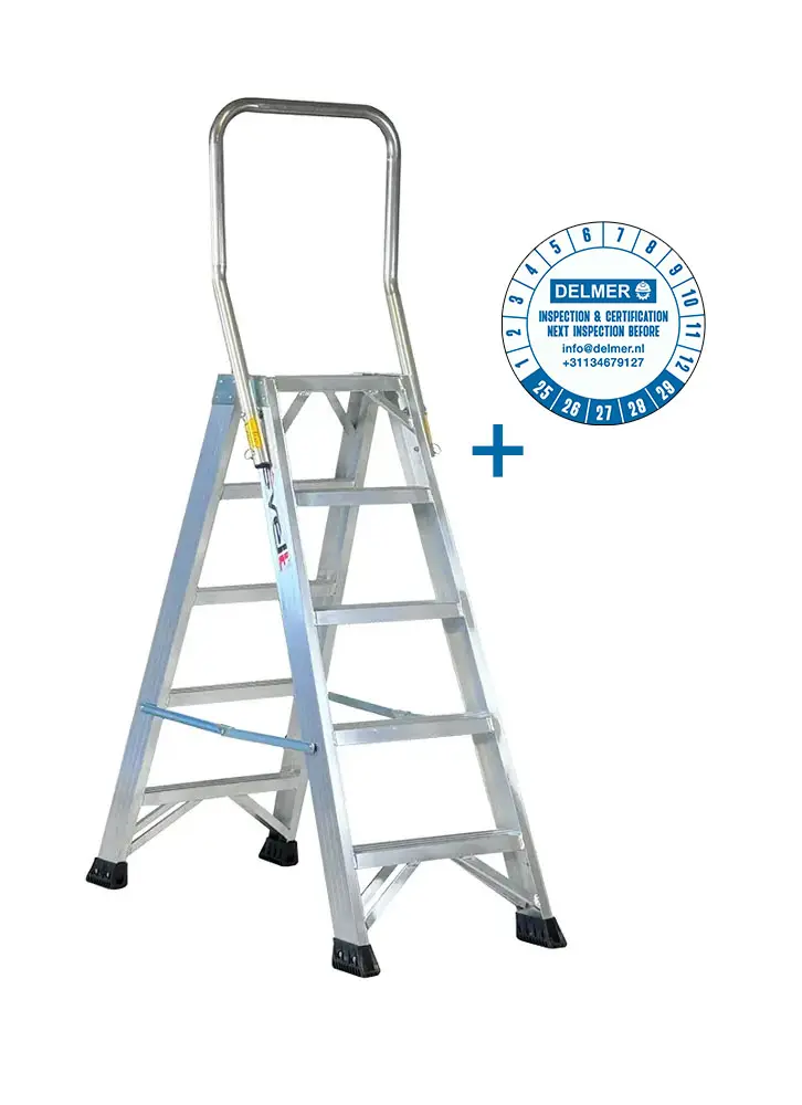 [SPROPV003] SVELT P1 VIP Professionele dubbele trap met geïntegreerde inklapbare veiligheidsbeugel en inspectie sticker 3 t/m 13 treden (3 treden 0,69 m 4,5 kg)